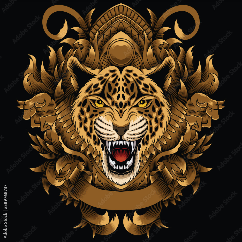leopard illustration with baroque ornament