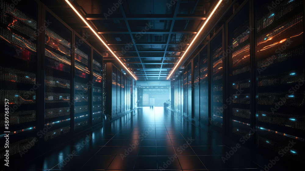 High-tech and futuristic interior of a massive data center. Generative AI