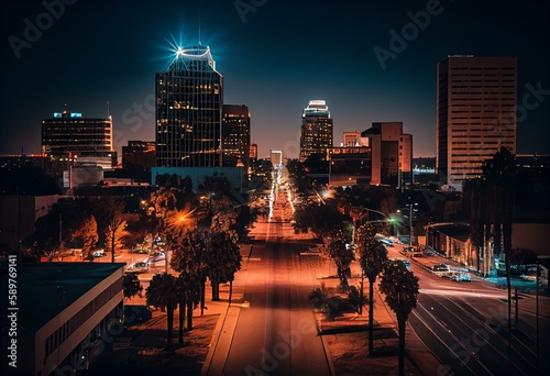 Nighttime twilight view of the downtown skyline of Bakersfield, California, USA. Generative AI