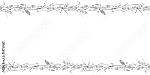 Vector Background, frame made of outline wheat or rye ears in doodle style. Horizontal top and bottom edging, border, decoration on theme of bakery products, flour, harvest, thanksgiving