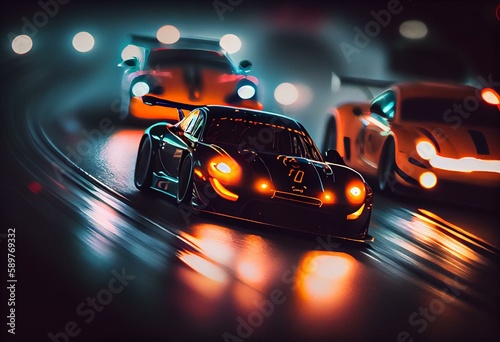 a group of race cars driving down a track at night time with blurry lights on the cars and the driver behind them. generative ai
