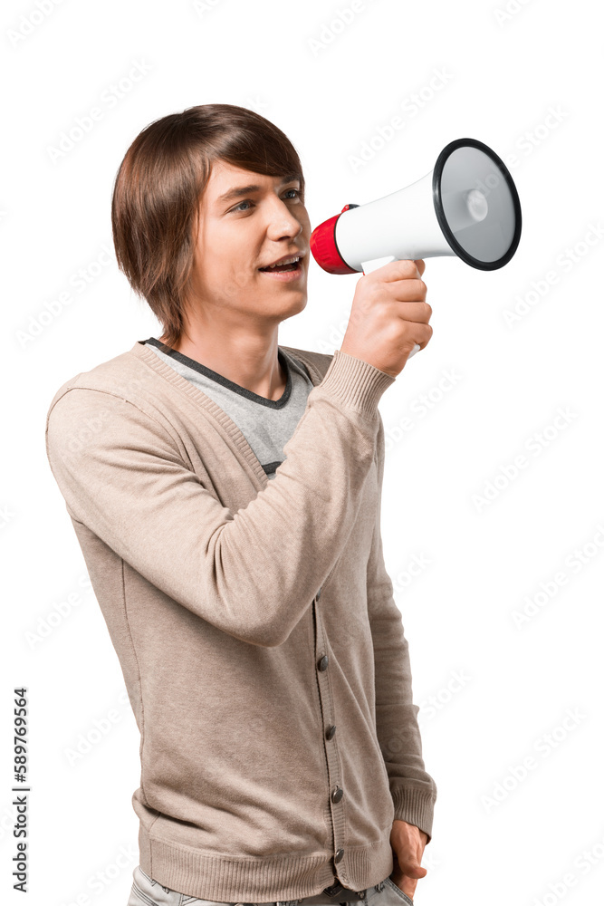 Portrait of handsome young man using megaphone isolated on white Portrait of handsome young man using megaphone isolated on white