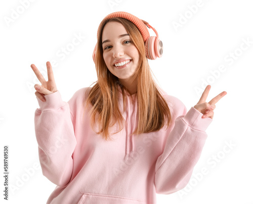 Young woman in headphones s...