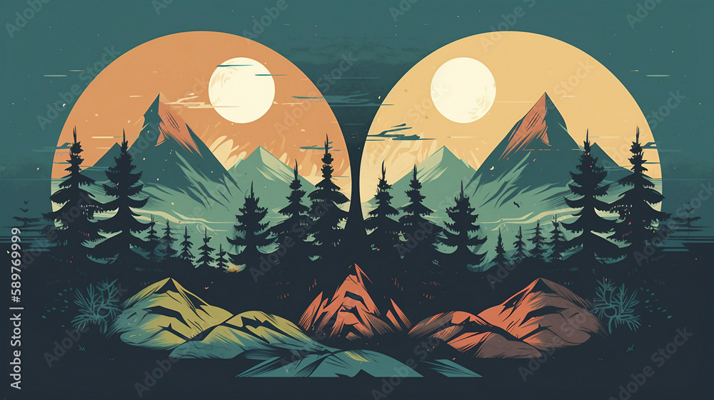the nature-inspired scenes, such as a mountain range, forest, or ocean view, rendered in a simplified and stylized way