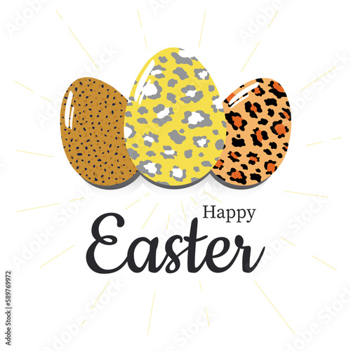 Happy Easter. Stylish trendy postcard with cute painted eggs in a predatory leopard design on a white background. Vector.