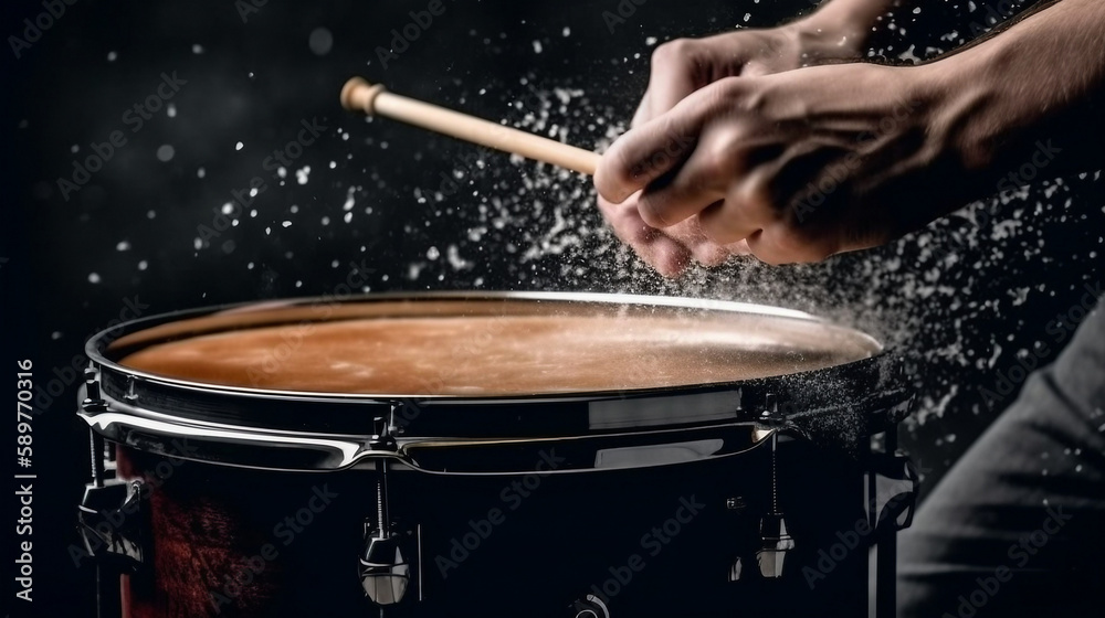 Obraz premium Drummer using drum sticks hitting snare drum with splashing water