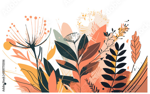 abstract botanic seamless border, rim with exotic flowers and leaves, and transparent background. floral pattern. fashion arrangements with tropical colorful leaf. 