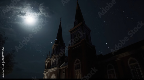 Church in front of a dark sky in the middle of the night weith the moon at the side. Generative AI.