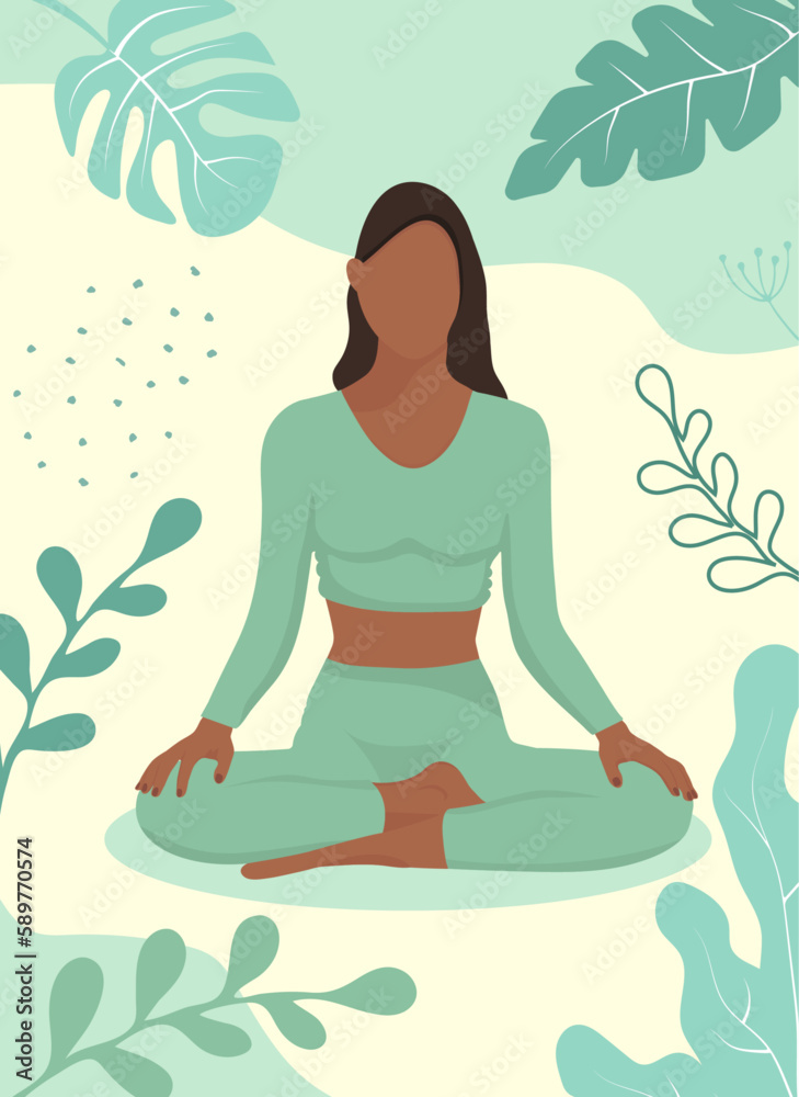 Vector faceless african american woman sitting in lotus position. Concept poster illustration for yoga, meditation, relax, recreation. 
