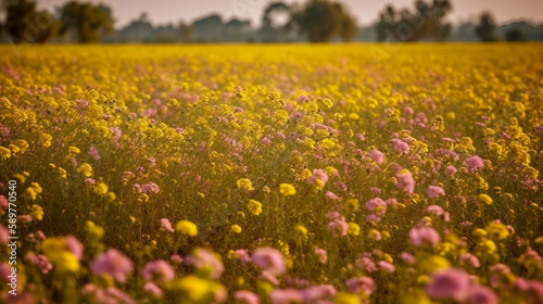 Mustard flower field pink colors a lovely summer day © Thamidu
