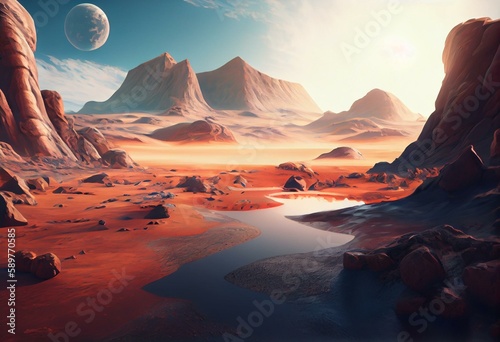 3D render, beautiful and realistic Mars landscape background CG artwork concept. Generative AI © Stevie