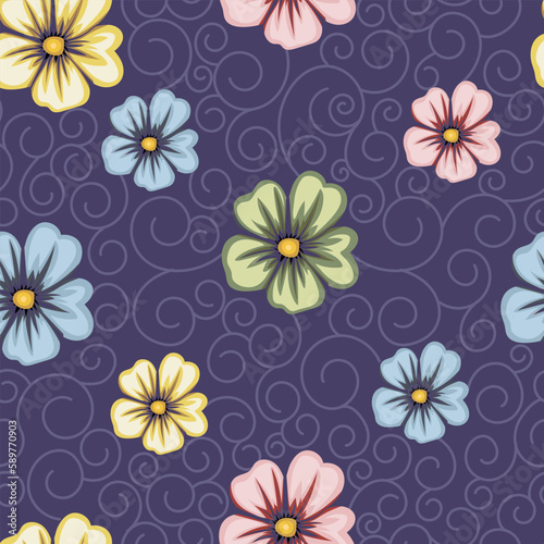 Floral seamless pattern. Flower and swirl on purple background