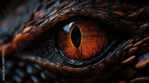 Macro shot close up of the eye of a dragon with orange color. Generative AI. © Markus