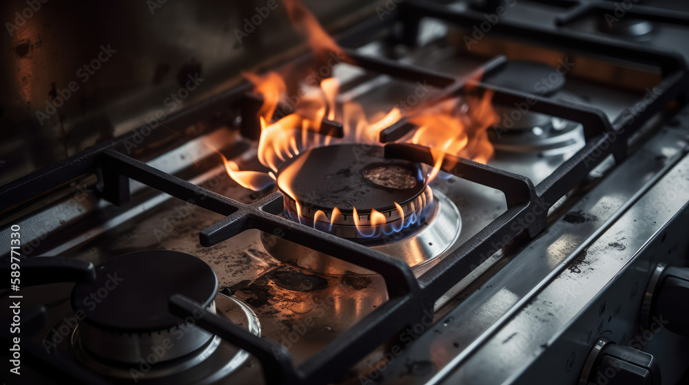 Flames on a burning gas oven ready for cooking in the kitchen. Generative AI. Flames on a burning gas oven ready for cooking in the kitchen. Generative AI.