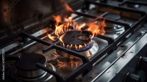 Flames on a burning gas oven ready for cooking in the kitchen. Generative AI.
