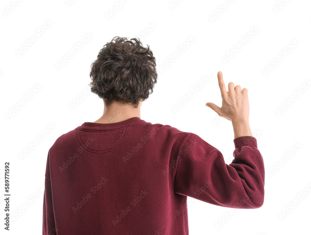 Young man showing loser gesture on white background, back view Young man showing loser gesture on white background, back view