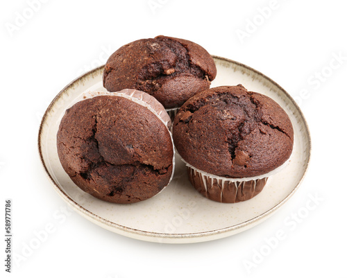 Plate with tasty chocolate cupcakes isolated on white background