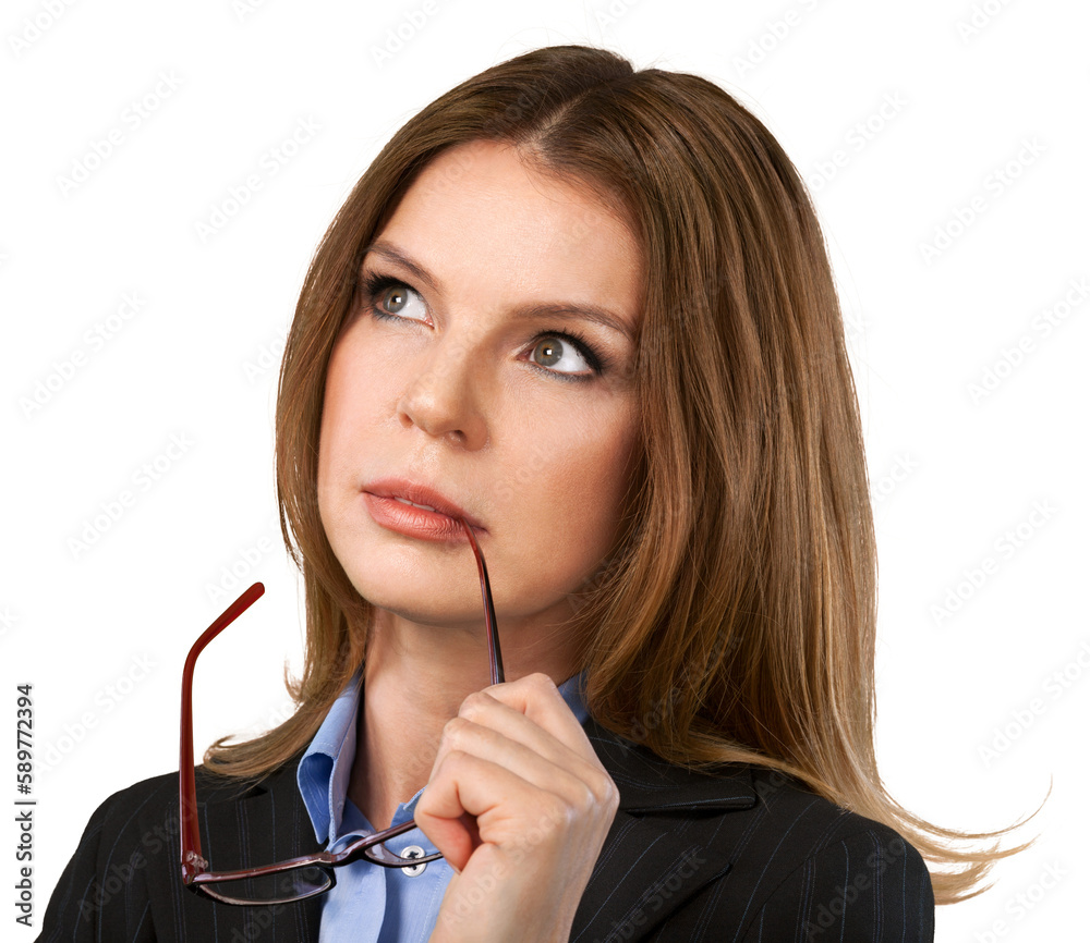 Portrait of businesswoman holding glasses in thoughtful pose on a white background Portrait of businesswoman holding glasses in thoughtful pose on a white background
