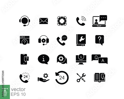 Help and support glyph icon set. Simple solid style symbol for web template and app. Online service, call center, contact phone concept. Vector illustration isolated on white background. EPS 10.
