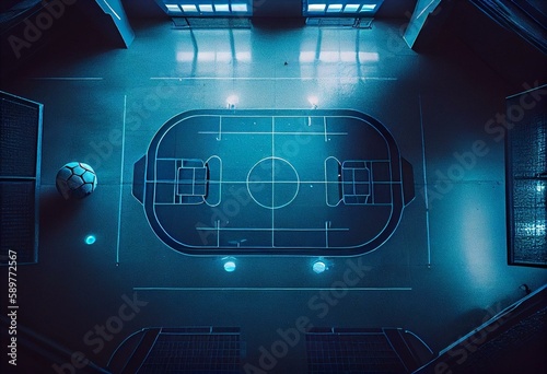 Blue futsal indoor soccer field with ball in center view from above background. Generative AI photo