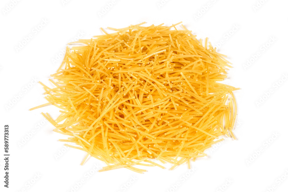 A bunch of small pasta on a white background. Vermicelli on a white background.