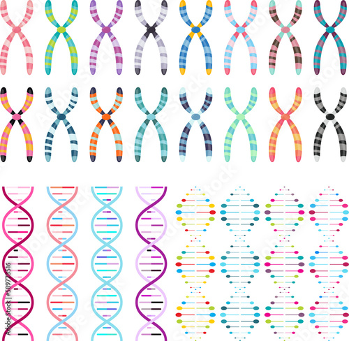 Multi-colored chromosomes and DNA Double Helices science transparent illustration graphics