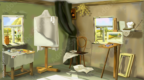 Artists workshop in the village illustration