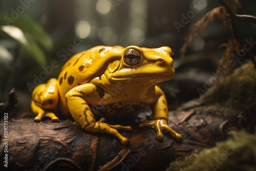 Golden poison frog on the rainforest floor. Generative AI.