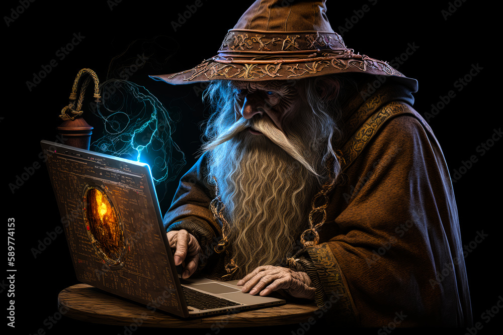 Fototapeta premium old fictional wizard using a laptop computer 
