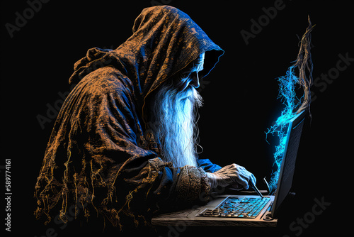 old fictional wizard using a laptop computer	
