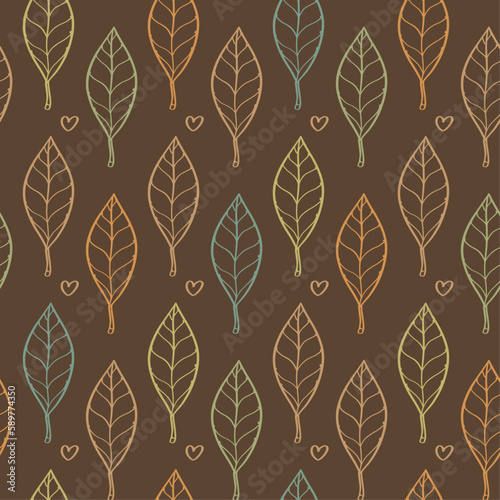 Seamless vector decorative pattern in retro style - outlines leaves on a brown background. 1970s.