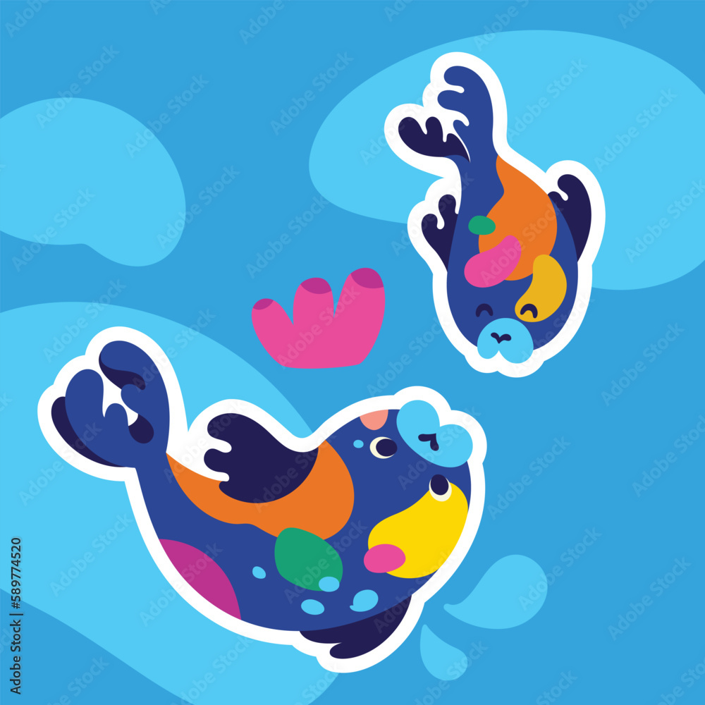 Two cute seal characters are swimming together. Vector sticker illustration Two cute seal characters are swimming together. Vector sticker illustration