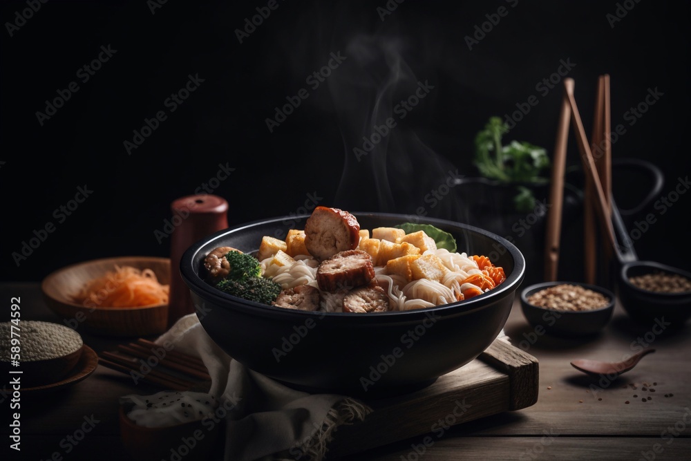 asian noodle with meatball on bowl