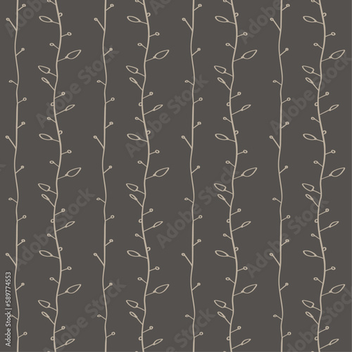Vector seamless decorative pattern in retro style - outlines branches of leaves on a grey background.