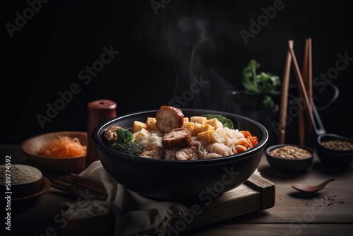 asian noodle with meatball on bowl