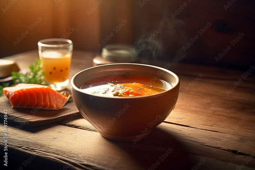 soup with salmon in bowl soup with salmon in bowl
