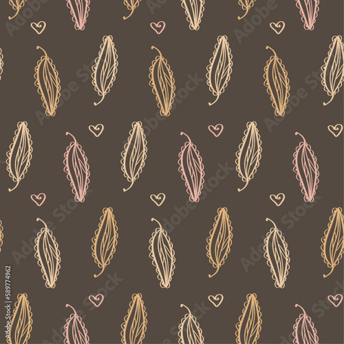 Vector seamless decorative pattern in retro style - outlines leaves on a brown background.