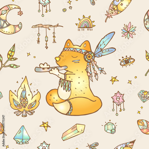 Seamless Boho Style vector colored Pattern. Red fo[, crystals, feathers, and different objects. Cartoon style. For Textile or Print design.
