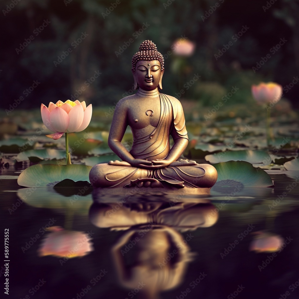 golden buddha statue with lotus