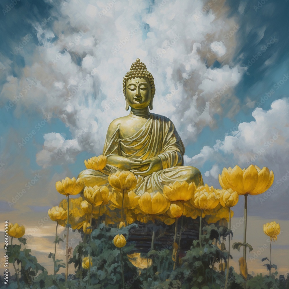 Obraz premium Painting buddha statue in the lotus position AI Generative
