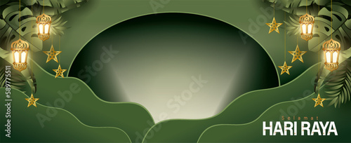 Hari raya greeting product display background with stars decoration and podium. The Malay translation: happy hari raya and May you forgive us