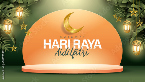 Hari raya greeting product display background with stars decoration and podium. The Malay translation: happy hari raya and May you forgive us