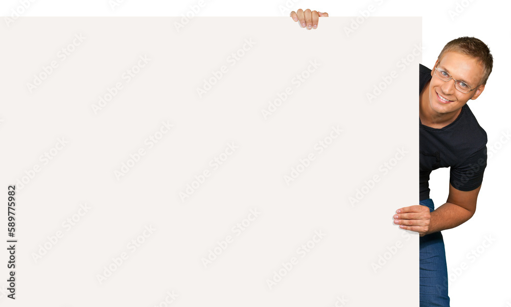 Man holding blank card and smiling at camera Man holding blank card and smiling at camera