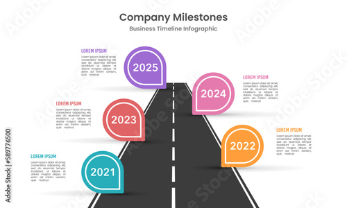 Timeline infographic company roadmap with pin and business expansion. Vector illustration.