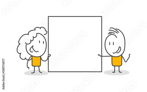 Stick figures. Blank banner. Vector illustration of man holding blank banner. It can be used for presentation, for explanation, as a mascot, for communication, to express emotions.