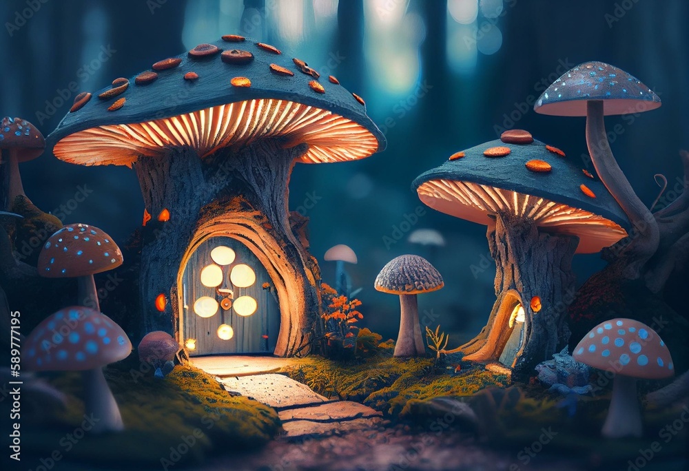 Fairy houses in fantasy forest with glowing mushrooms. Generative AI