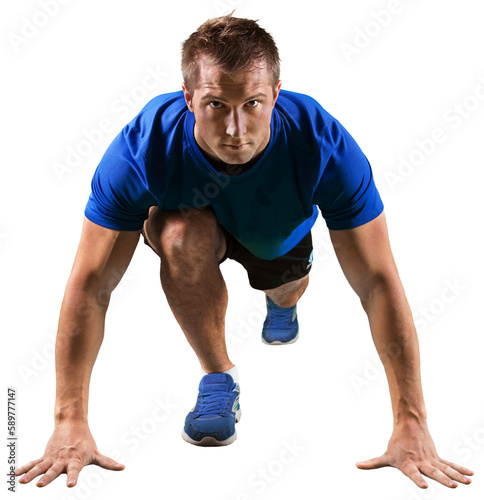 Male athlete ready to run isolated on white background