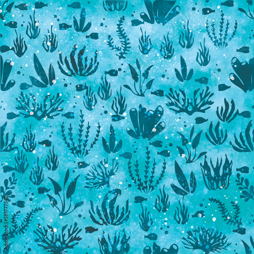 A blue background with a pattern of fish and plants.
