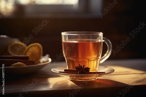 cup of tea with cinnamon on the table