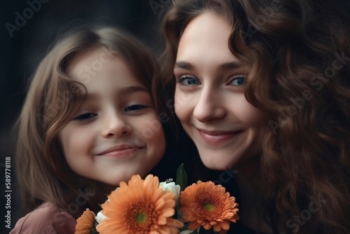 Portrait mother with daughter holding a flower AI Generative
